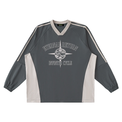 Gray and white sports jersey with 'Eternal Return Infinite Cycle' text and design on a white background
