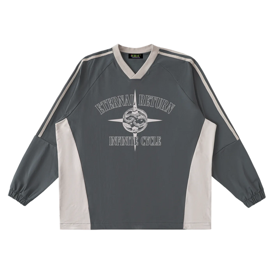 Gray and white sports jersey with 'Eternal Return Infinite Cycle' text and design on a white background