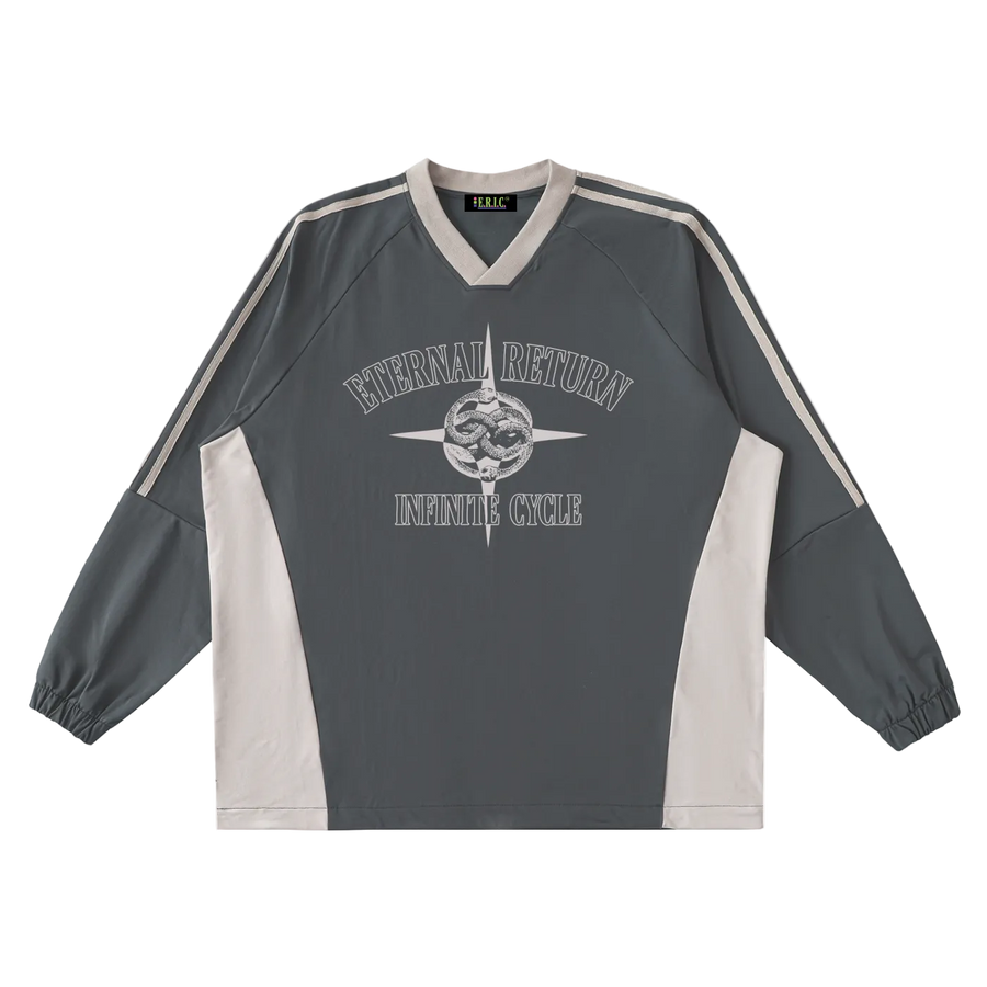 Gray and white sports jersey with 'Eternal Return Infinite Cycle' text and design on a white background