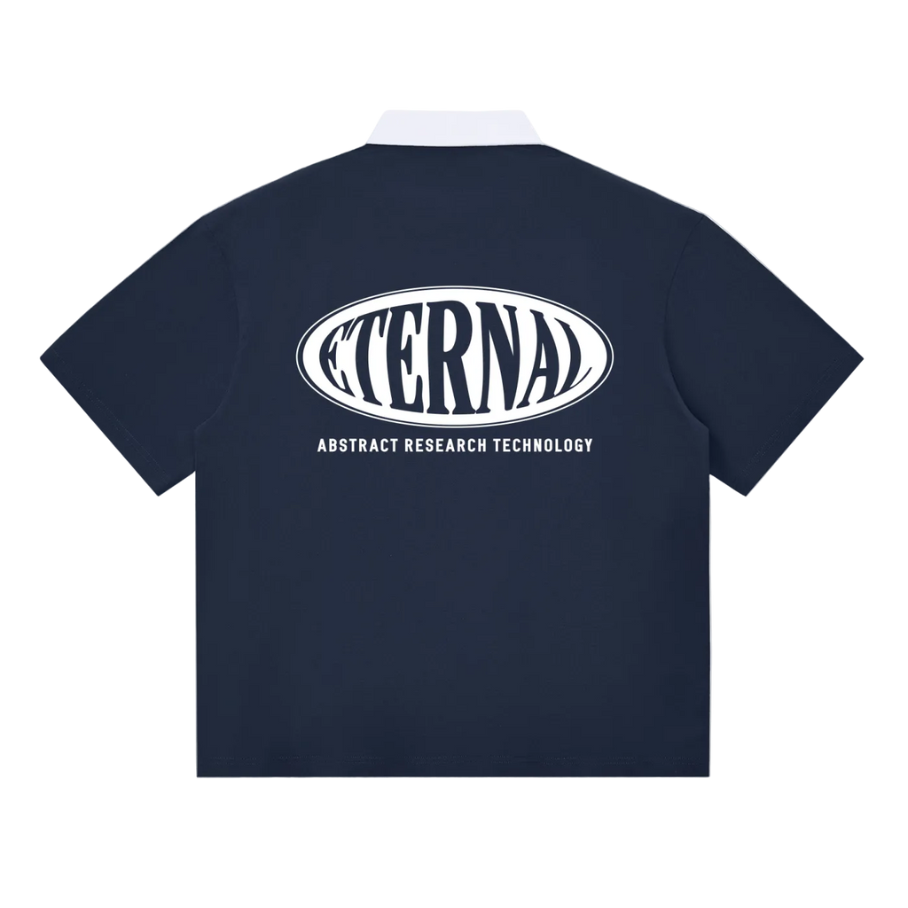 Navy blue t-shirt with 'Eternal Abstract Research Technology' logo on the back against a white background