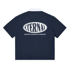 Navy blue t-shirt with 'Eternal Abstract Research Technology' logo on the back against a white background