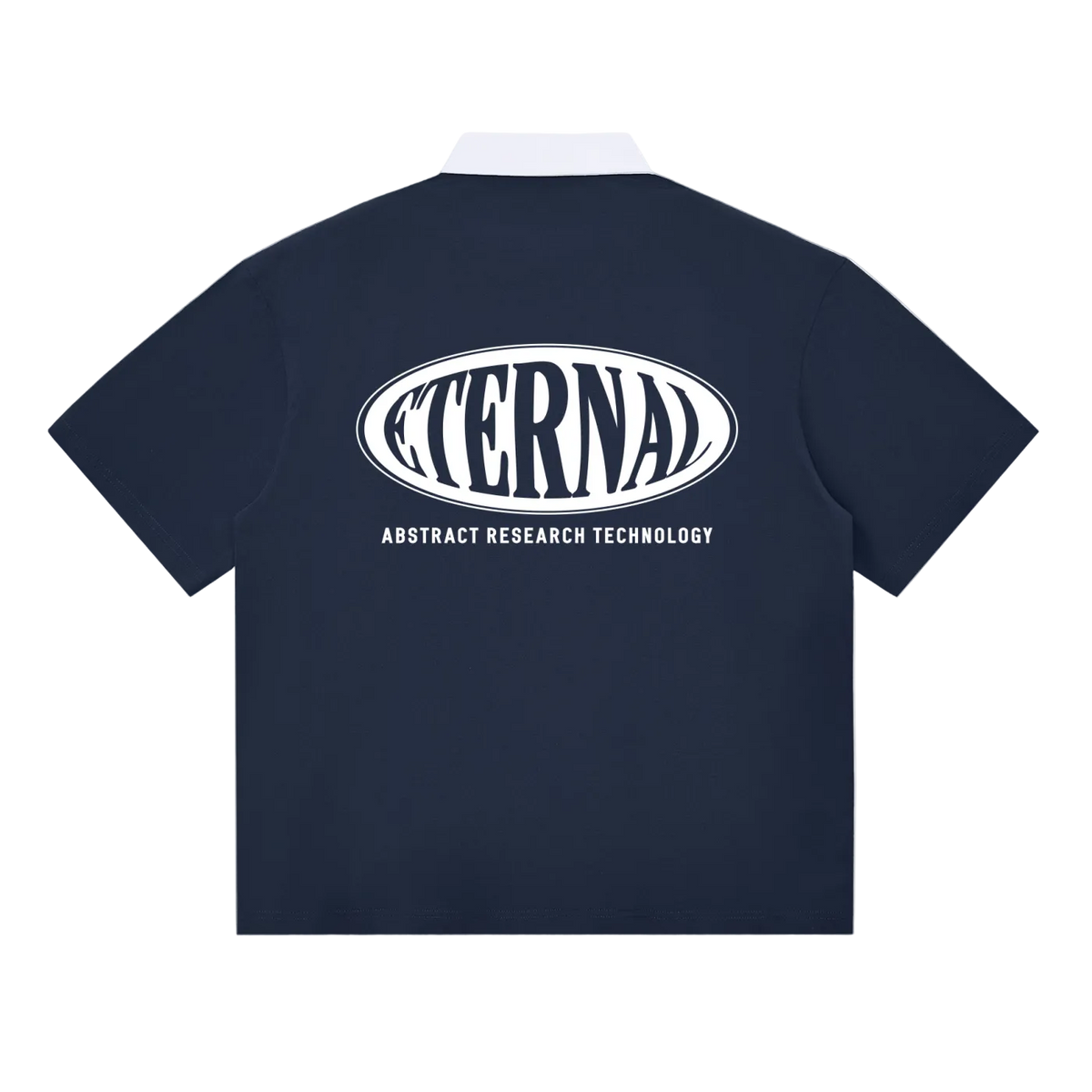 Navy blue t-shirt with 'Eternal Abstract Research Technology' logo on the back against a white background