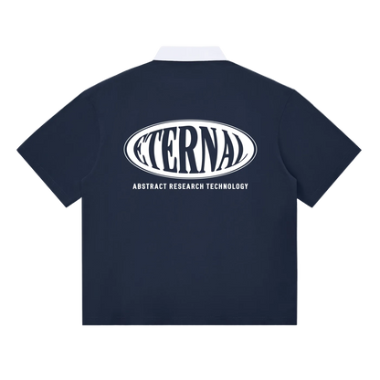 Navy blue t-shirt with 'Eternal Abstract Research Technology' logo on the back against a white background