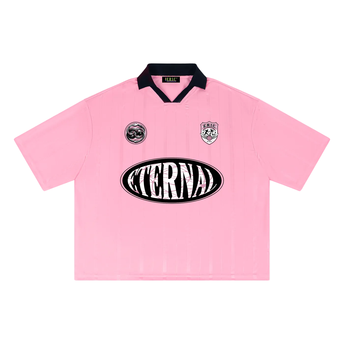 Pink shirt with 'Eterna' logo on a white background