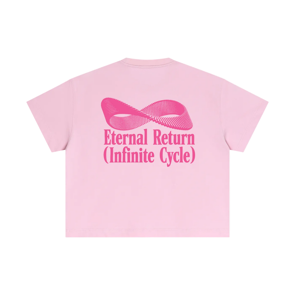 Pink t-shirt with a graphic and text on a white background