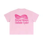 Pink t-shirt with a graphic and text on a white background