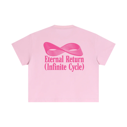 Pink t-shirt with a graphic and text on a white background