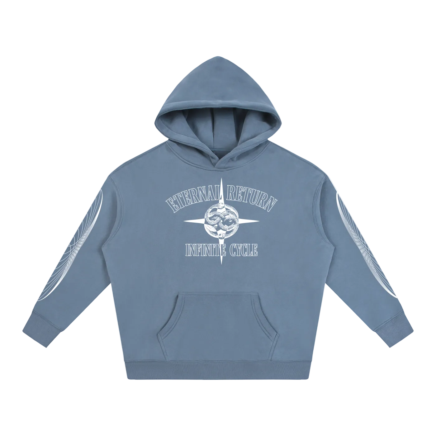 Blue hoodie with white text and design on a white background