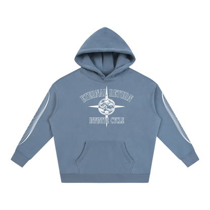 Blue hoodie with white text and design on a white background