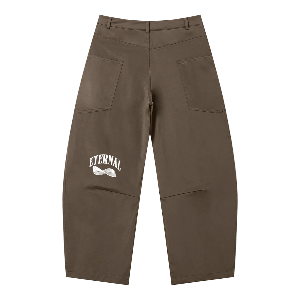 Brown pants with 'Eternal' logo on a white background