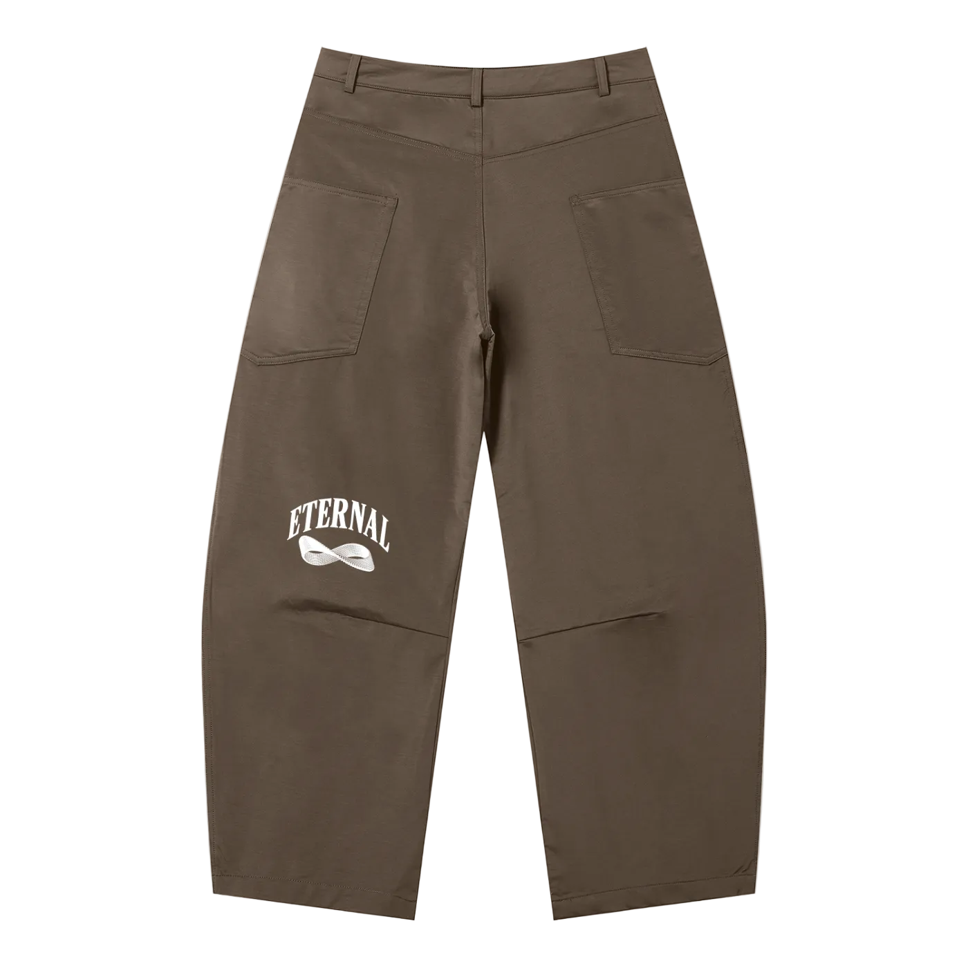 Brown pants with 'Eternal' logo on a white background