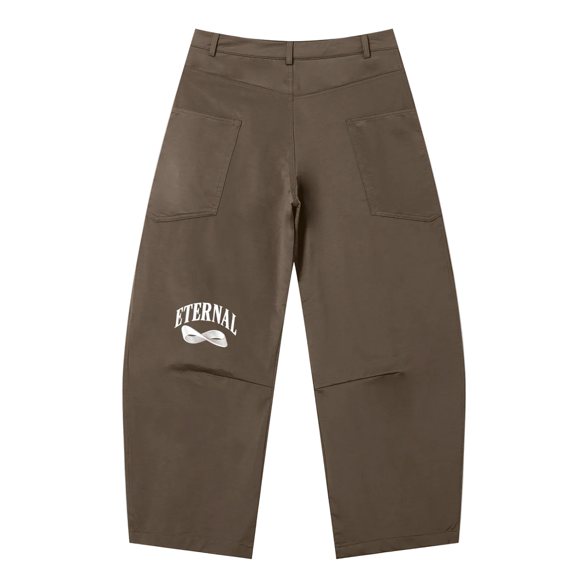 Brown pants with 'Eternal' logo on a white background