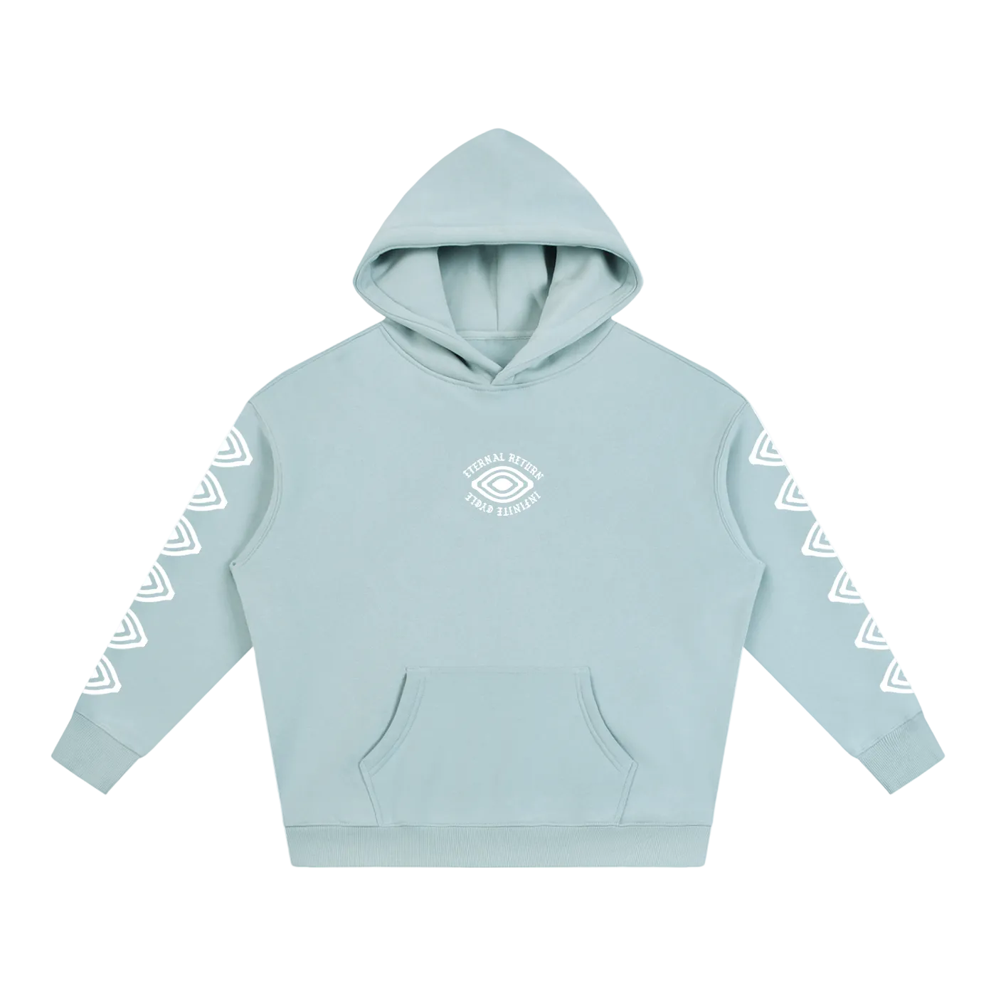 Light blue hoodie with white geometric designs on sleeves against a white background