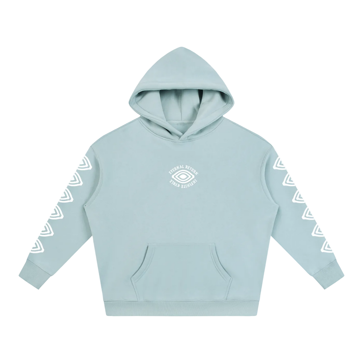 Light blue hoodie with white geometric designs on sleeves against a white background
