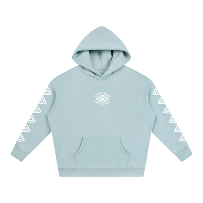 Light blue hoodie with white geometric designs on sleeves against a white background