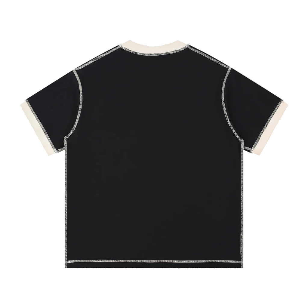 Black t-shirt with white trim on a white background