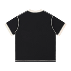 Black t-shirt with white trim on a white background