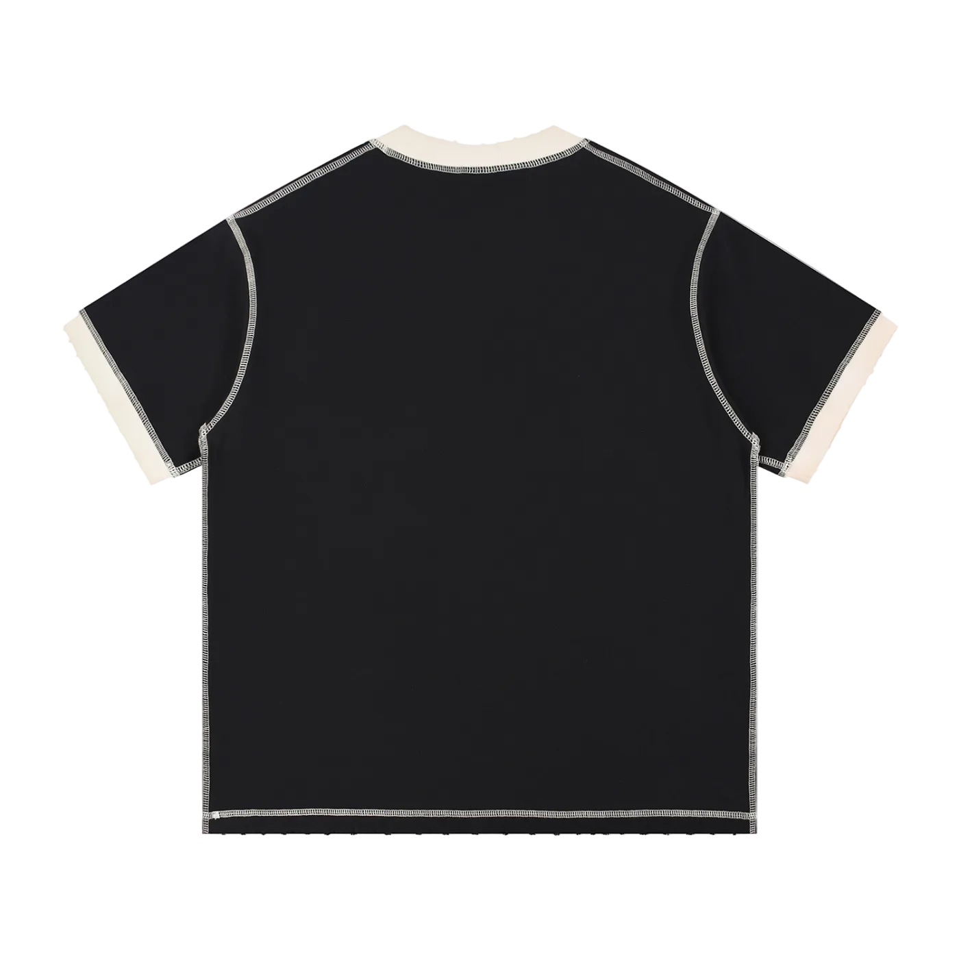 Black t-shirt with white trim on a white background