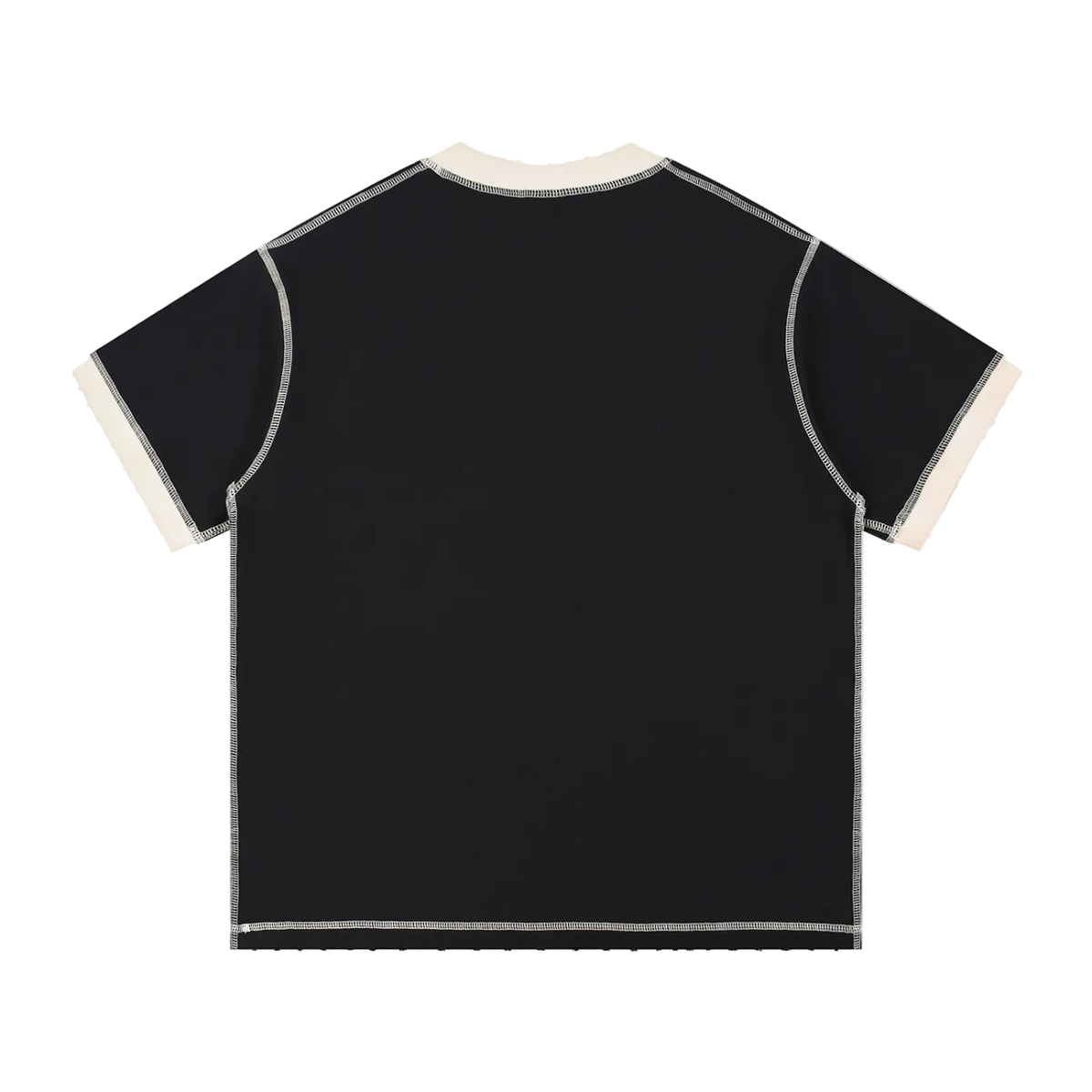 Black t-shirt with white trim on a white background
