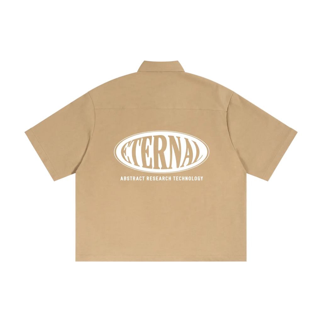 Beige shirt with 'Eternal Abstract Research Technology' logo on the back against a white background