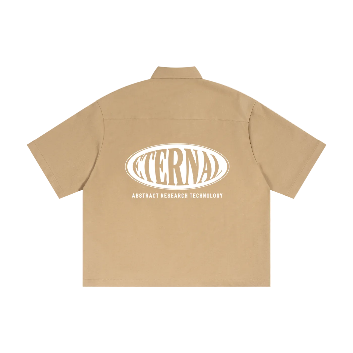 Beige shirt with 'Eternal Abstract Research Technology' logo on the back against a white background
