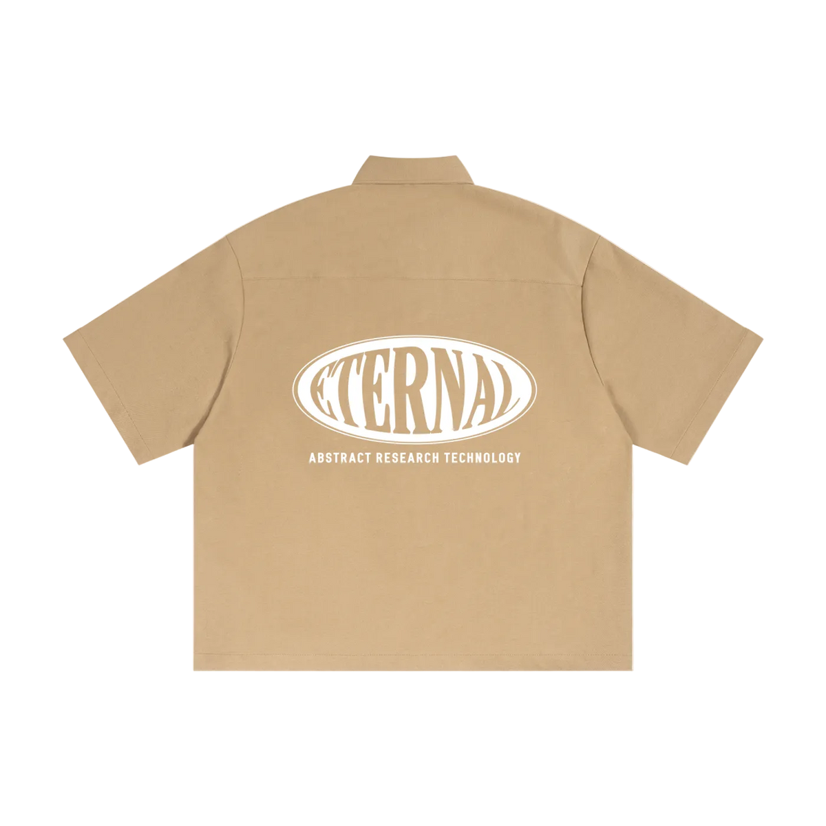 Beige shirt with 'Eternal Abstract Research Technology' logo on the back against a white background